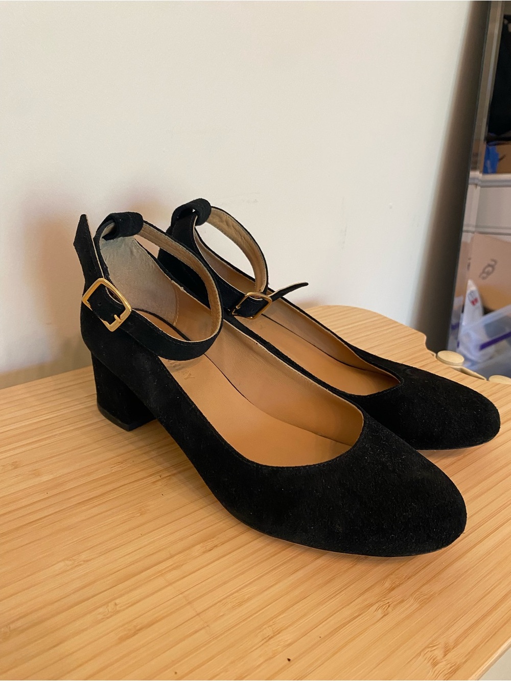 Poppy Barley Black Suede Ankle-Strap Block Heel Pumps